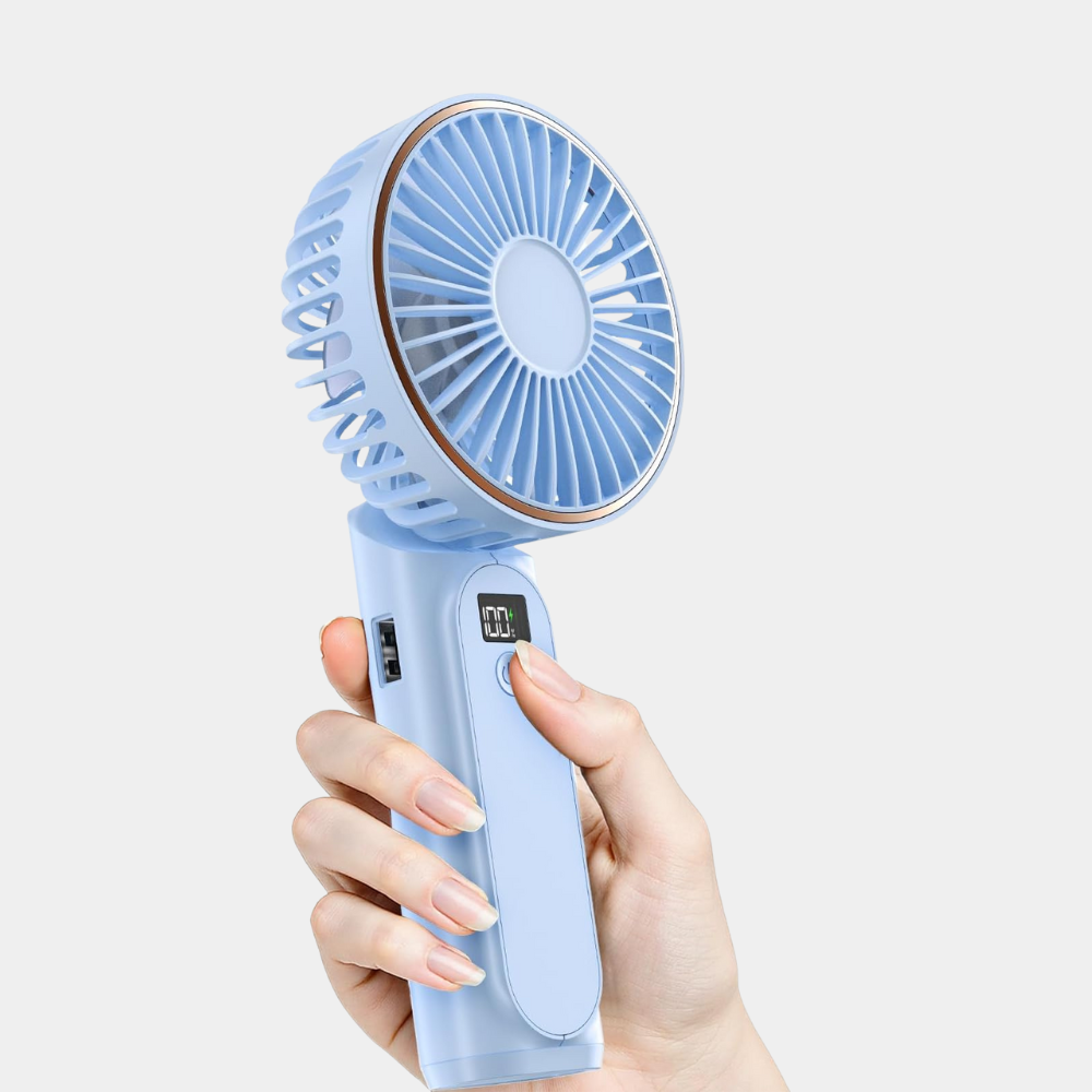 Light Blue Battery Powered Ice Cooling Plate High Speed Digital Display Travel Handheld Fan