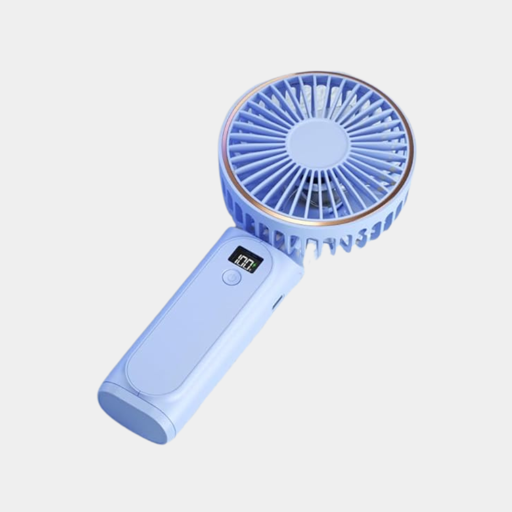 Light Blue Battery Powered Ice Cooling Plate High Speed Digital Display Travel Handheld Fan