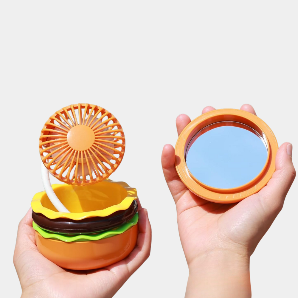 Yellow Battery Powered Hamburger Shaped Foldable Mirror Portable High Speed Personal Fan