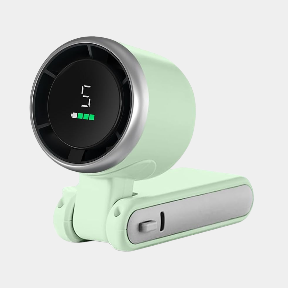 Green Battery Powered 5 Blade High Speed Digital Display Travel Handheld Fan
